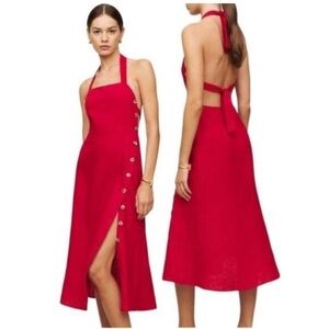 Reformation Amanda linen midi dress, red, Size 6